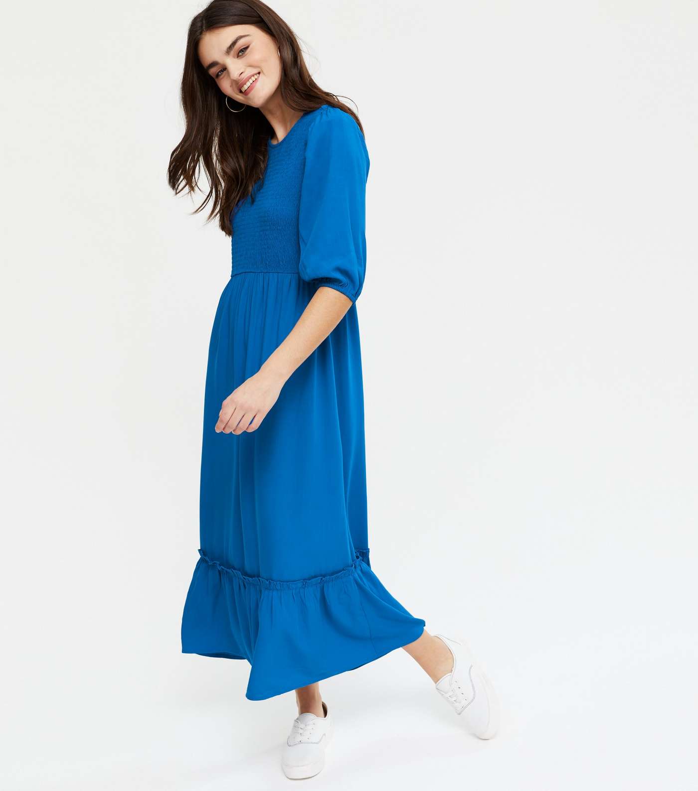 Blue Shirred Frill Hem Midi Dress Image 2