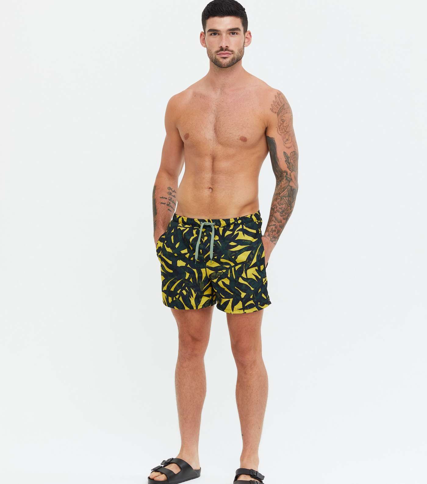 Only & Sons Yellow Leaf Print Swim Shorts
