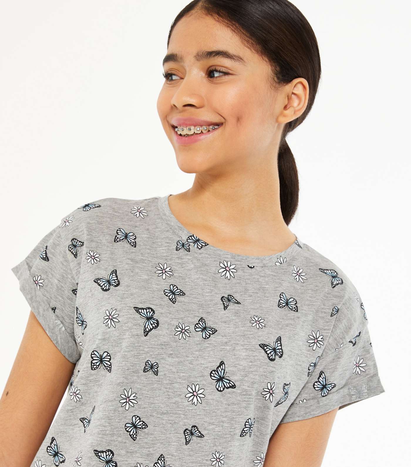 Girls Light Grey Butterfly T-Shirt Image 4