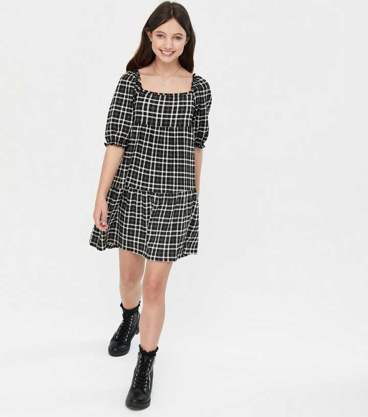 Girls Black Check Square Neck Smock Dress