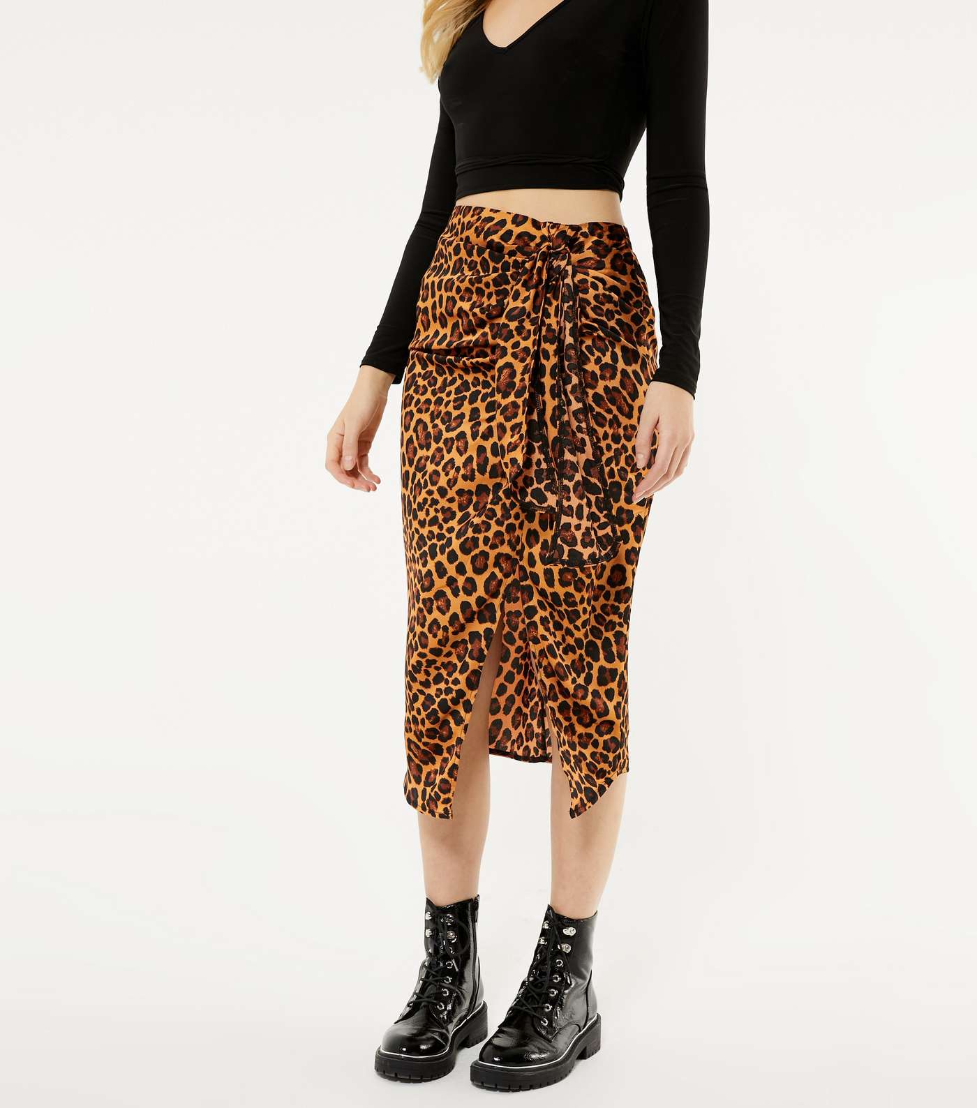 Brown Leopard Print Satin Knot Midi Skirt  Image 2