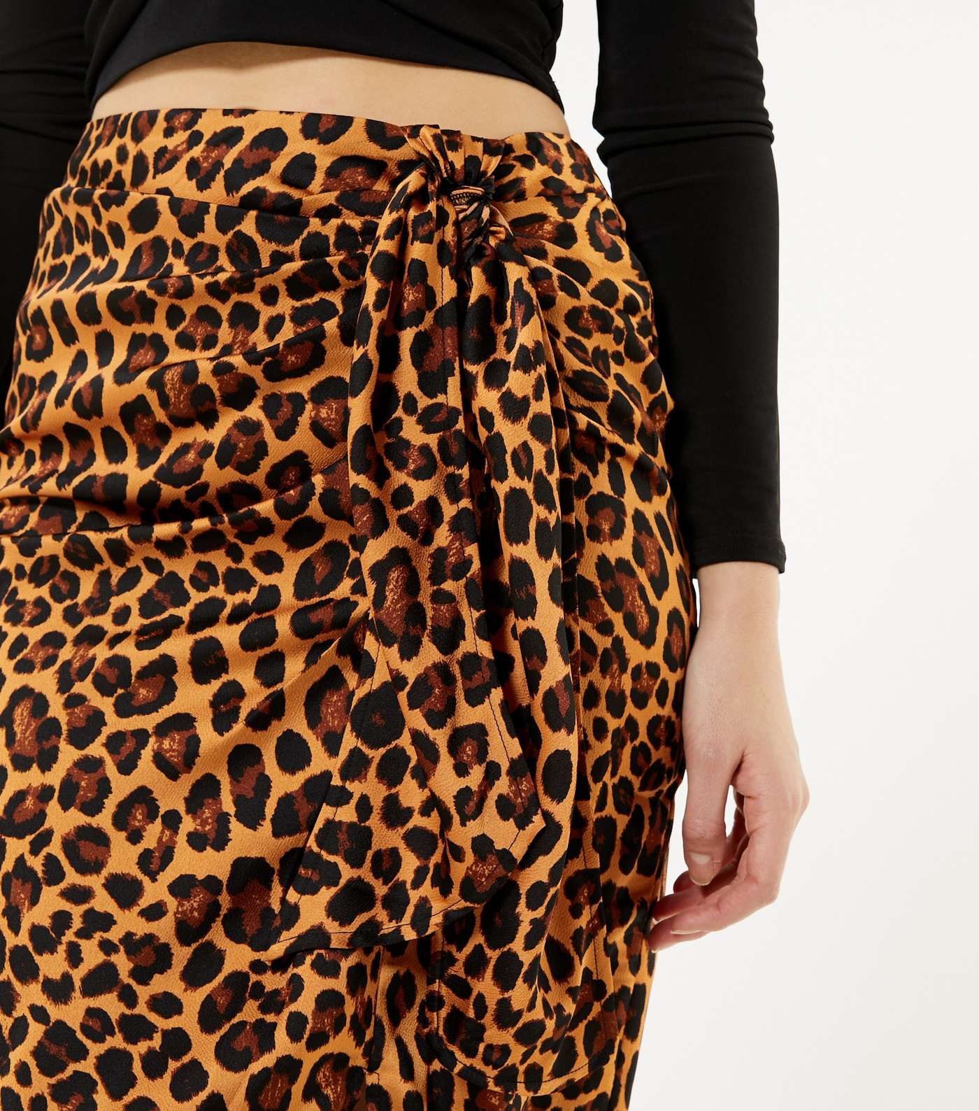 Brown Leopard Print Satin Knot Midi Skirt  Image 4
