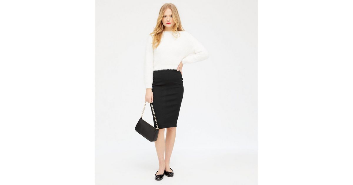 Black Textured Pencil Midi Skirt | New Look