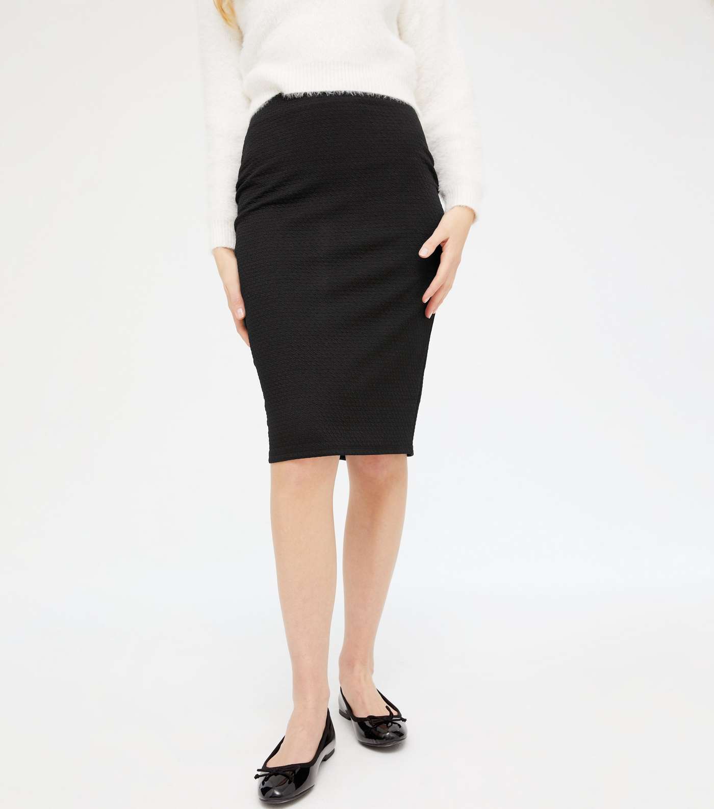 Black Textured Pencil Midi Skirt Image 2