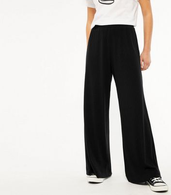 Petite Black Ribbed High Waist Wide Leg 