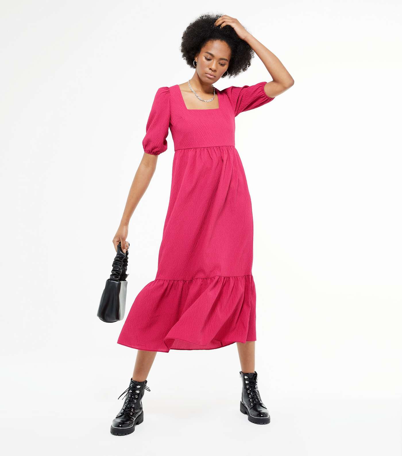 Tall Bright Pink Tiered Midi Dress  Image 2