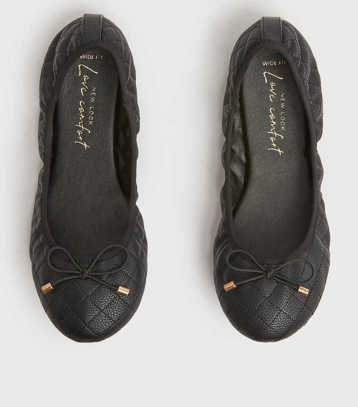 Wide Fit Black Quilted Leather-Look Bow Ballet Pumps | New Look