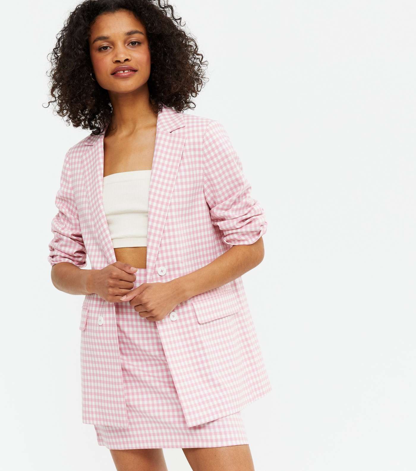 Pink Gingham Double Breasted Blazer