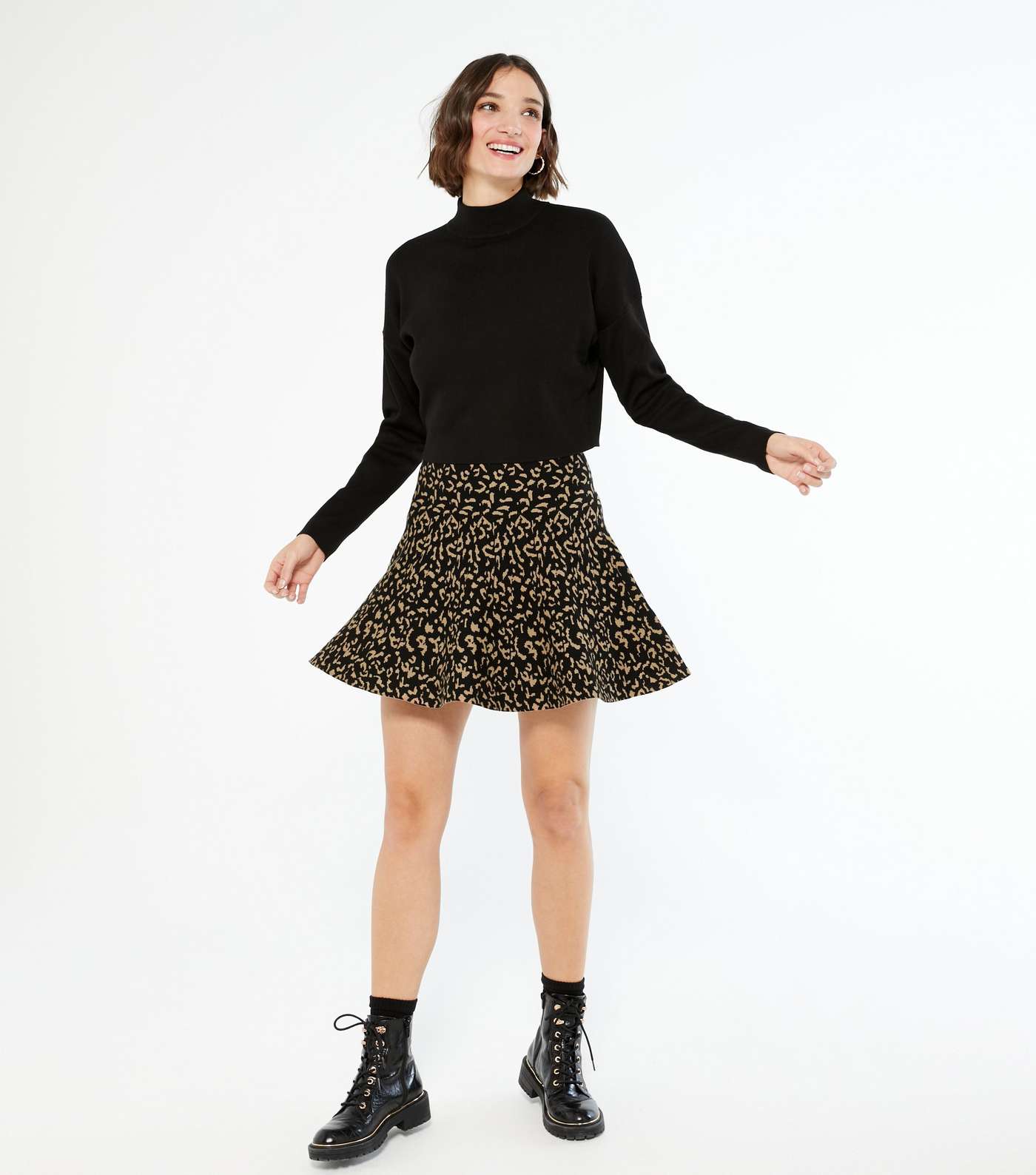 Black Jacquard Knit Animal Print Flippy Skirt