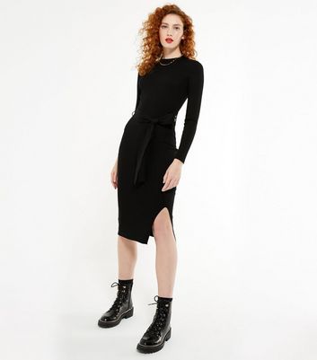 Topshop tie waist long hot sale sleeve knit midi dress