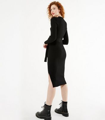 Black Ribbed Knit Tie Waist Midi Dress 