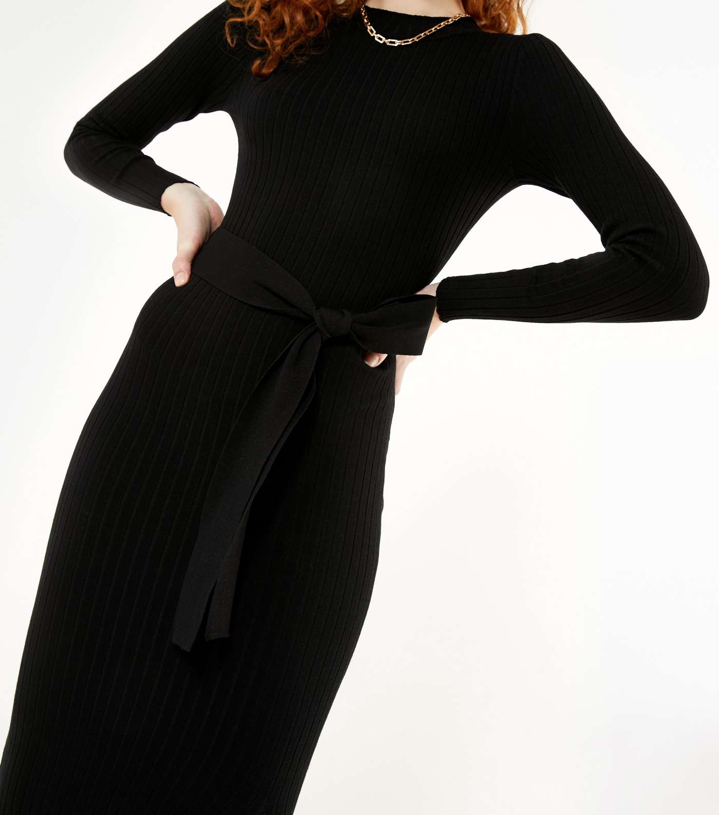 Black Ribbed Knit Tie Waist Midi Dress Image 4