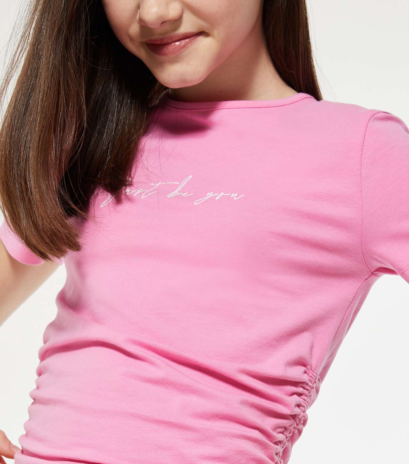 Girls Bright Pink Logo Ruched Side T-Shirt Image 4