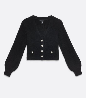Black Fluffy Gem Button Cardigan | New Look