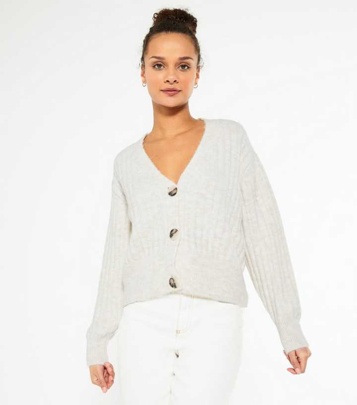 Cream Ribbed Knit Boxy Cardigan 