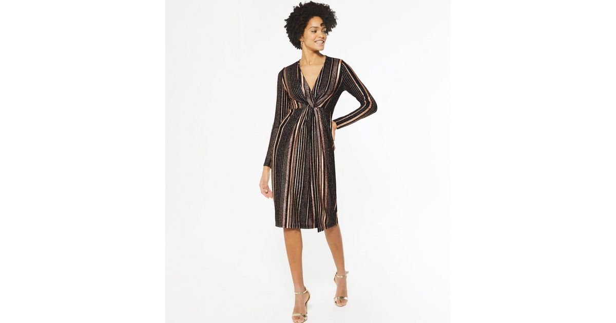 Blue Vanilla Rose Gold Stripe Glitter Twist Front Midi Dress New Look