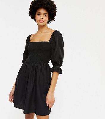 Black Textured Shirred Mini Dress | New Look