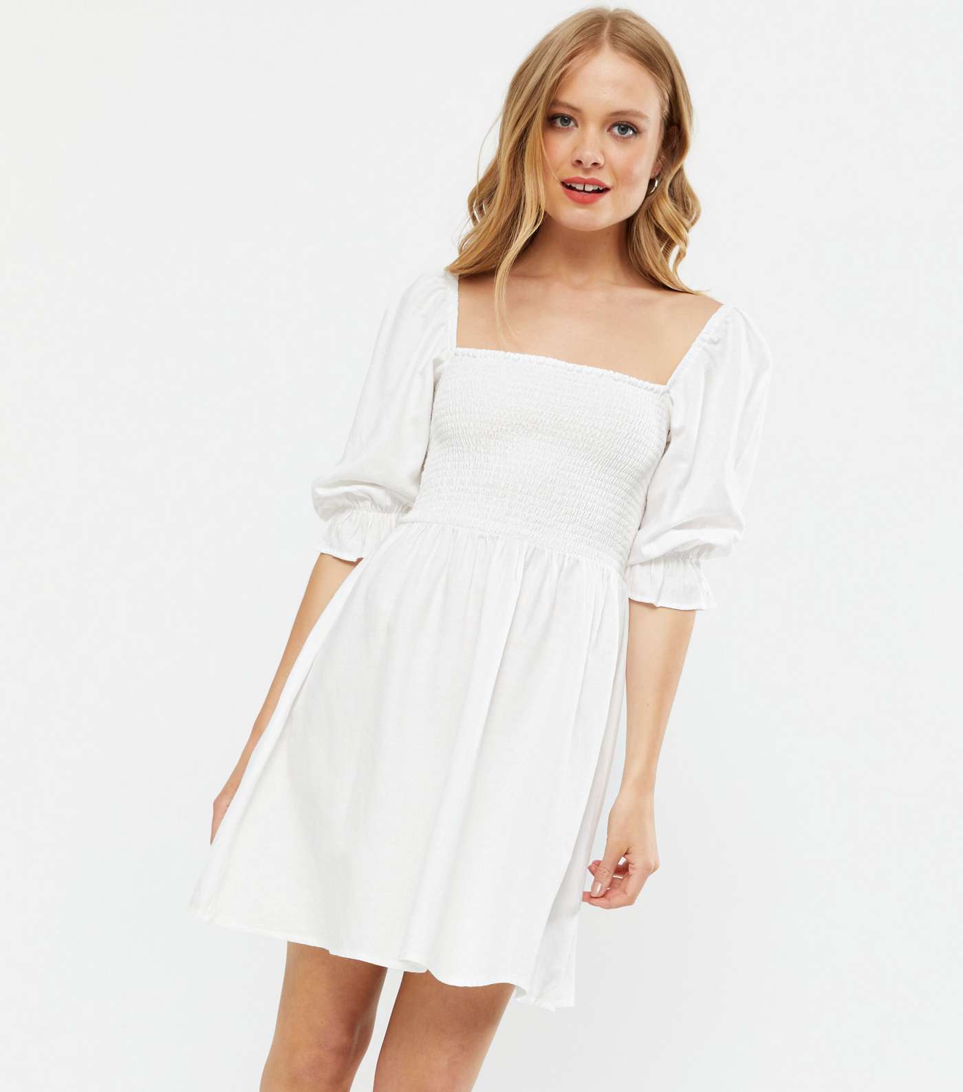 White Textured Shirred Mini Dress