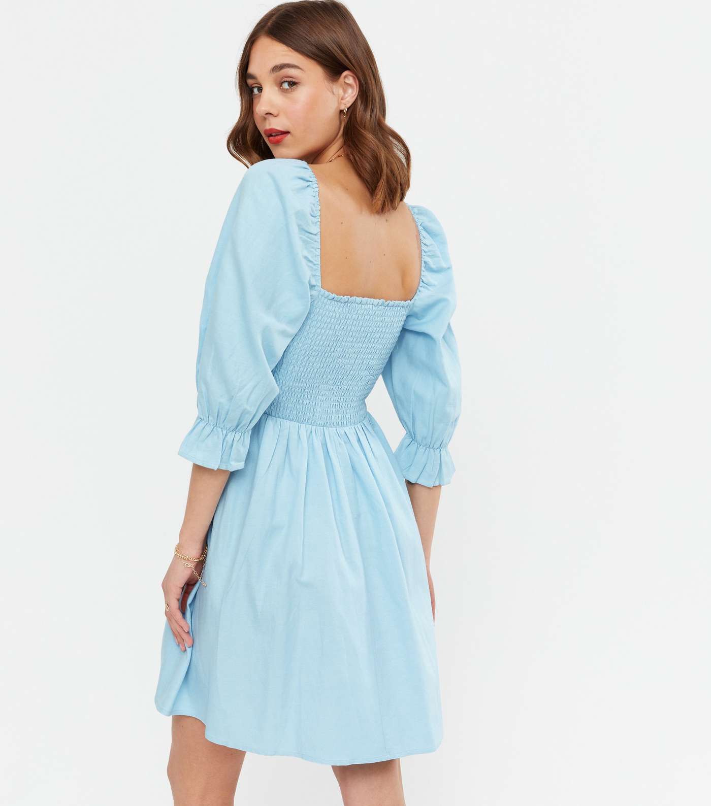 Pale Blue Textured Shirred Mini Dress Image 4