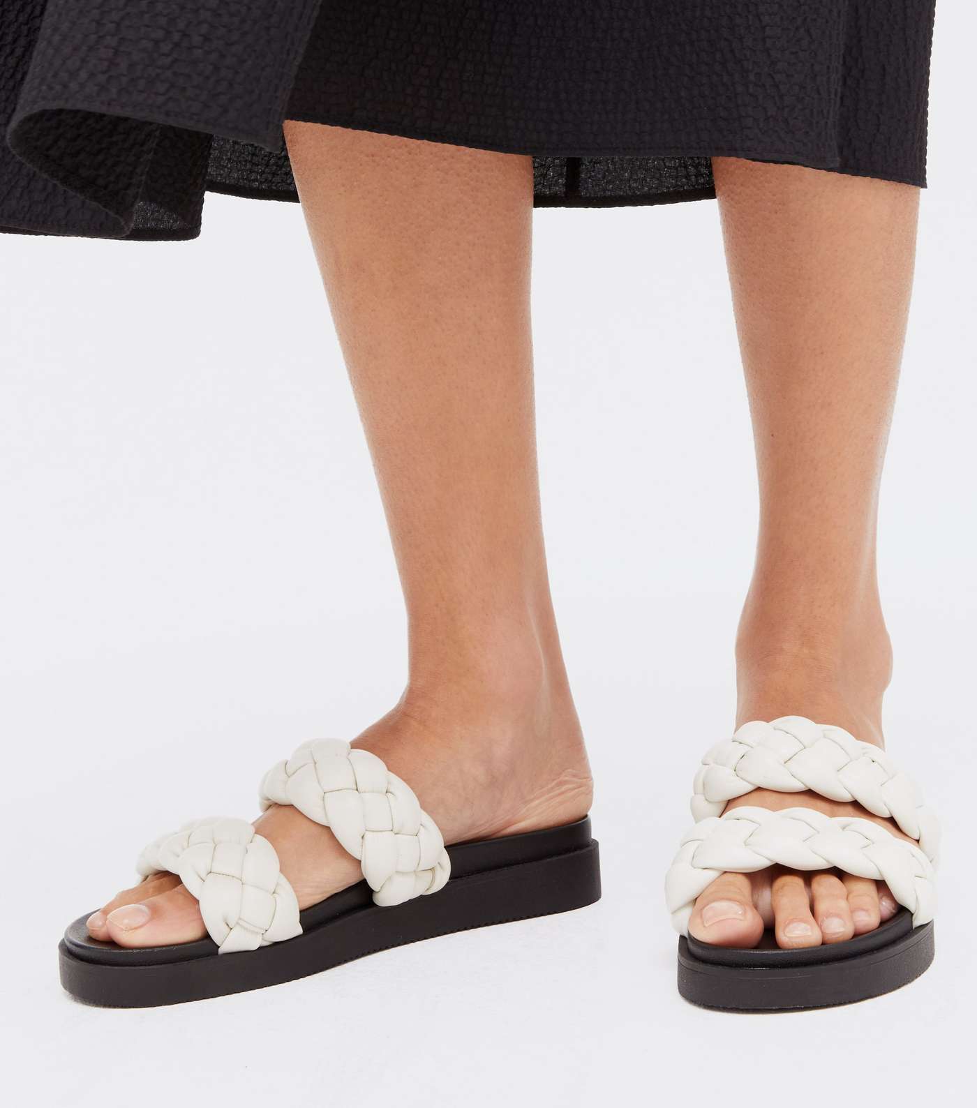 Off White Leather-Look Chunky Plaited Sliders  Image 2