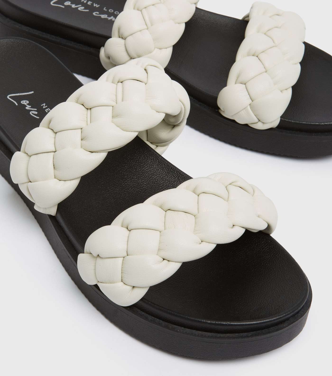 Off White Leather-Look Chunky Plaited Sliders  Image 4