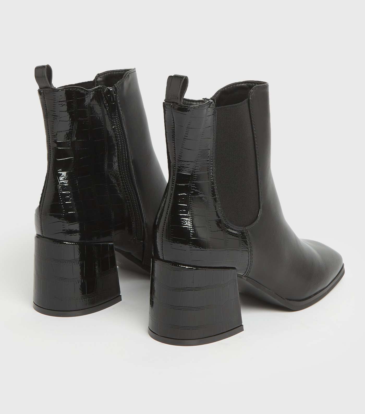 Black Patent Faux Croc Heeled Chelsea Boots Image 4