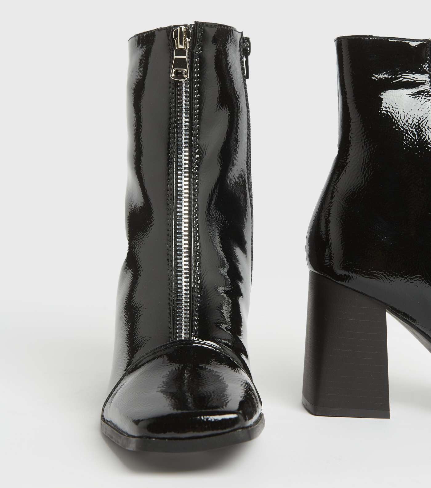 Black Patent Flared Heel Zip Ankle Boots Image 3