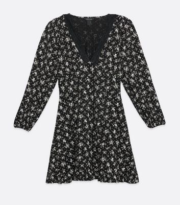 Image of Black Floral Lace Trim Ruffle Mini Dress New Look