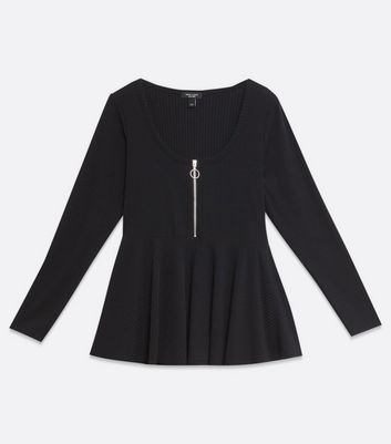 Image of Curves Black Ribbed Zip Peplum Top New Look