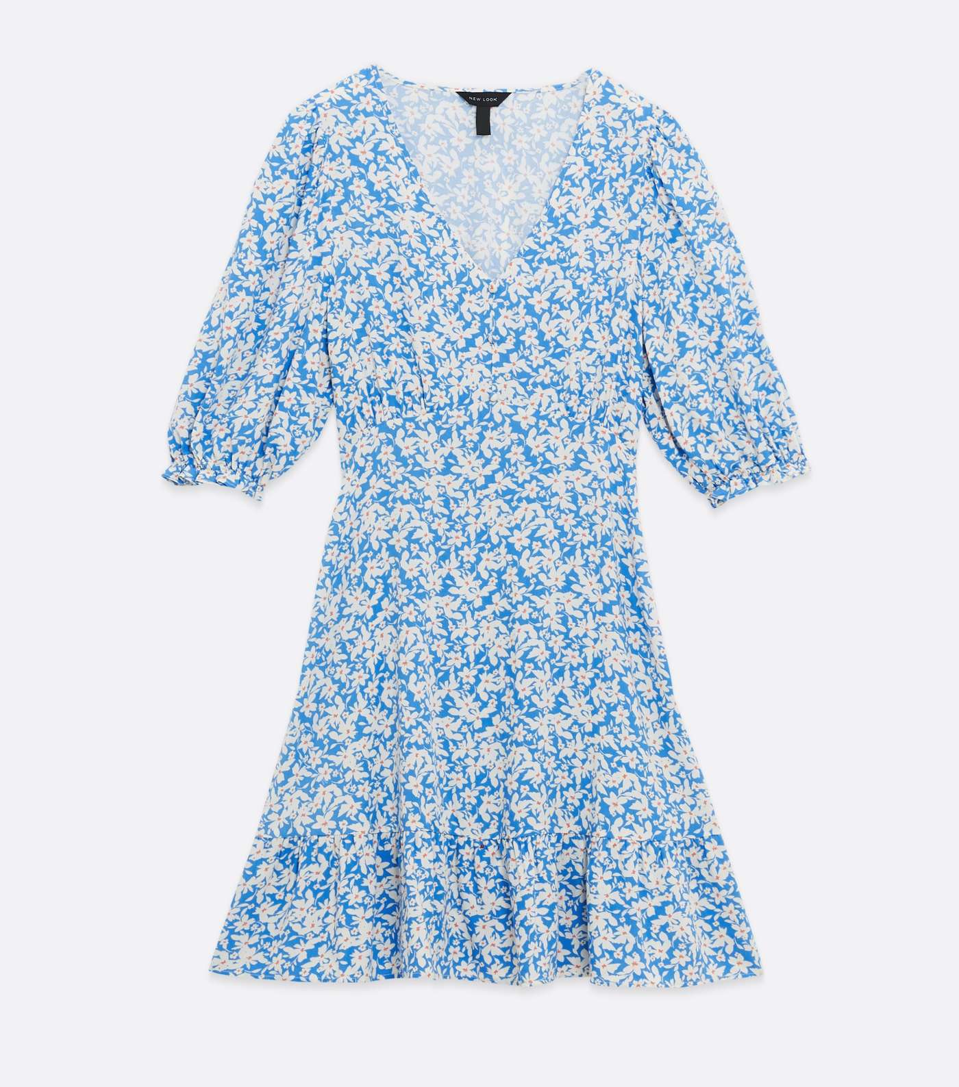 Blue Floral V Neck Button Tiered Mini Dress Image 5