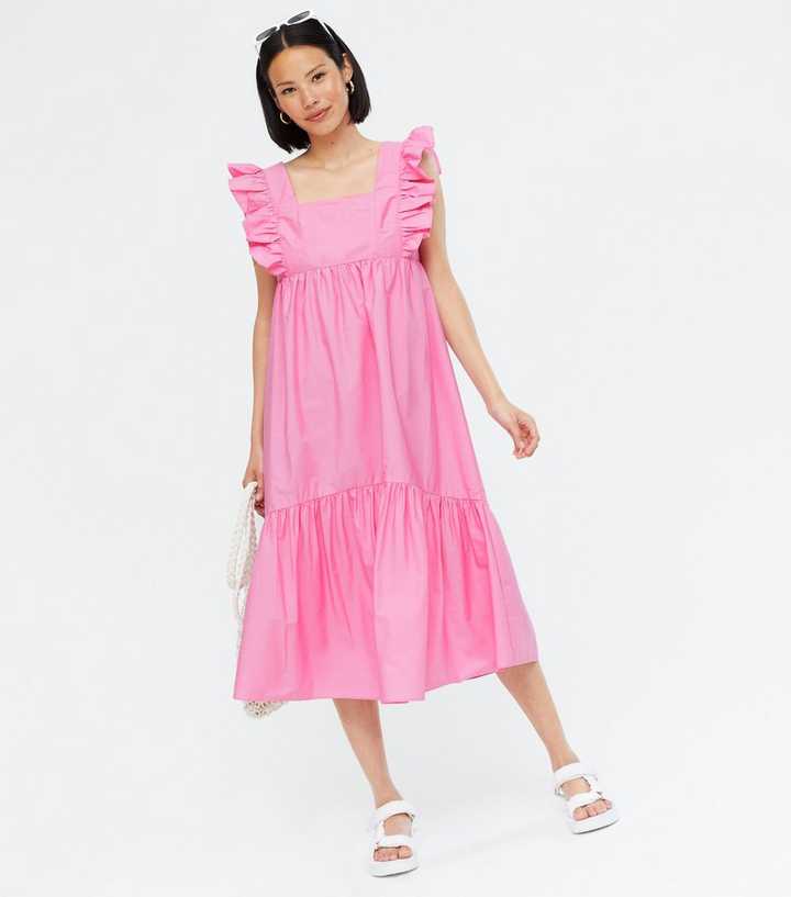 Pink Square Neck Frill Tiered Midi Smock Dress
