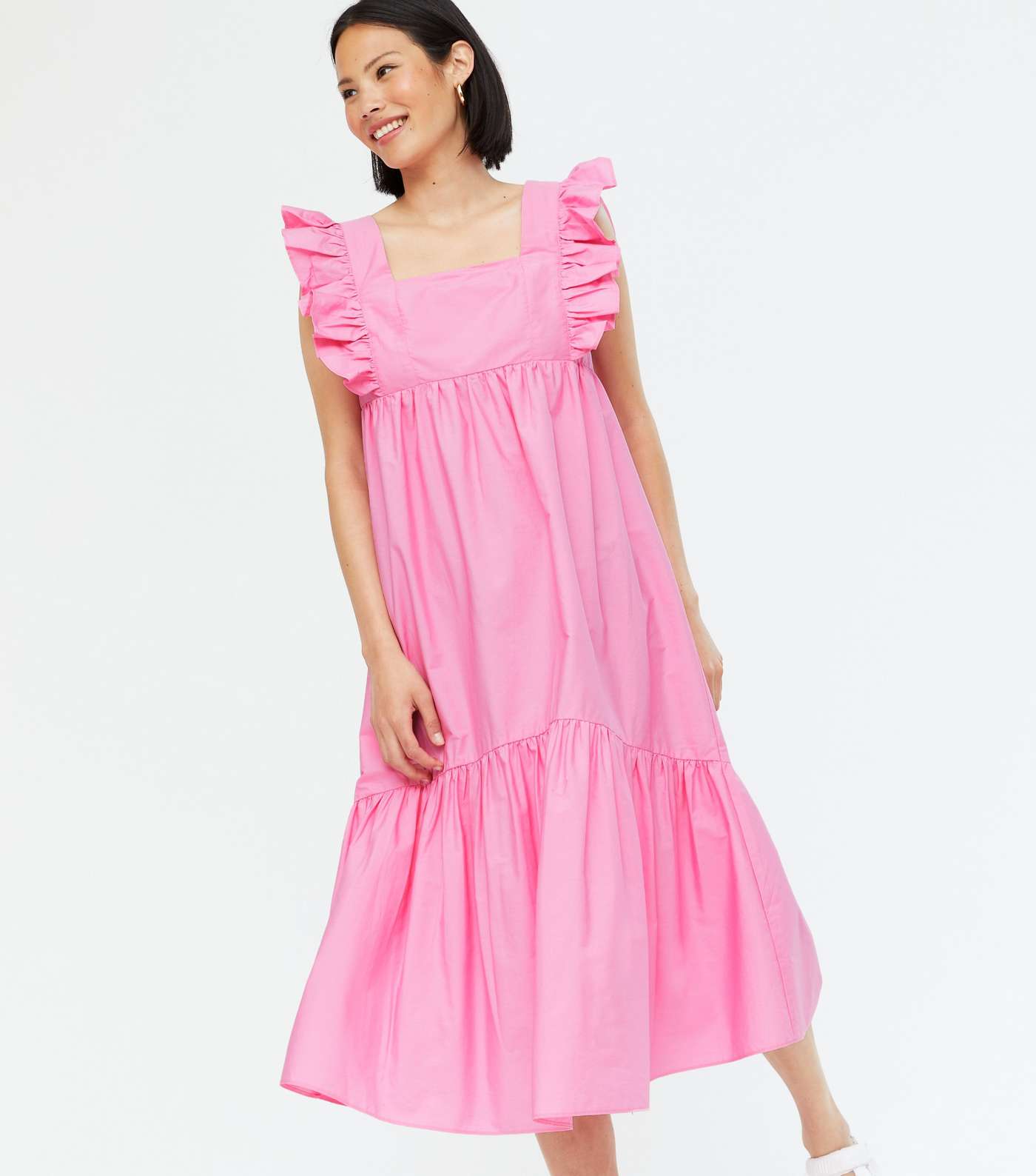 Pink Square Neck Frill Tiered Midi Smock Dress Image 2