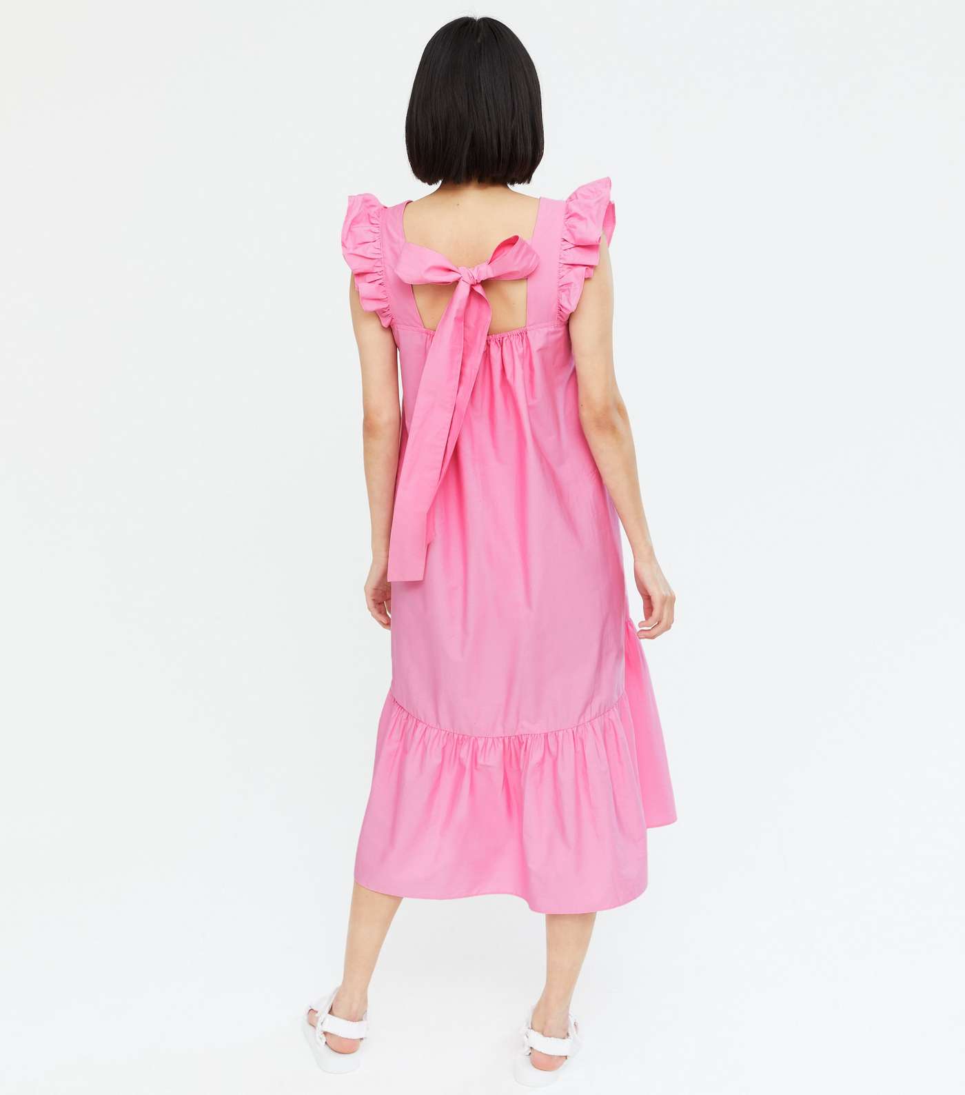 Pink Square Neck Frill Tiered Midi Smock Dress Image 4