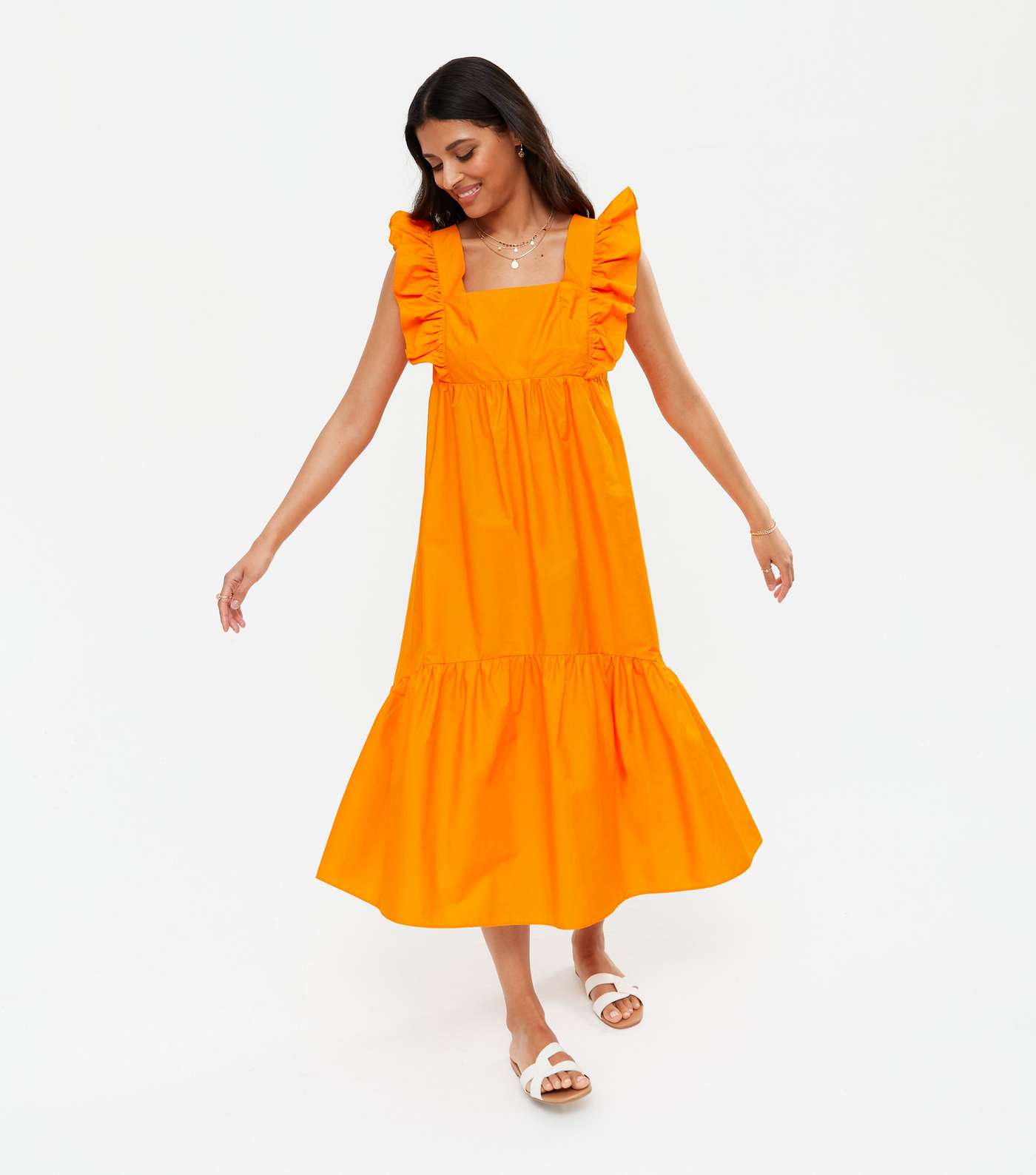 Orange Square Neck Frill Tiered Midi Smock Dress