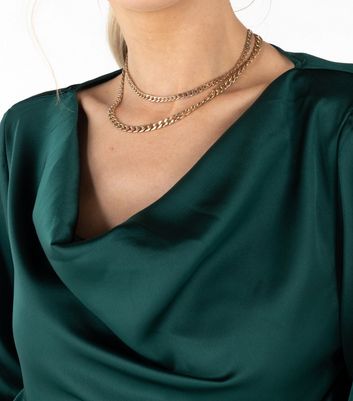 Zibi London Dark Green Satin Cowl Neck Blouse New Look