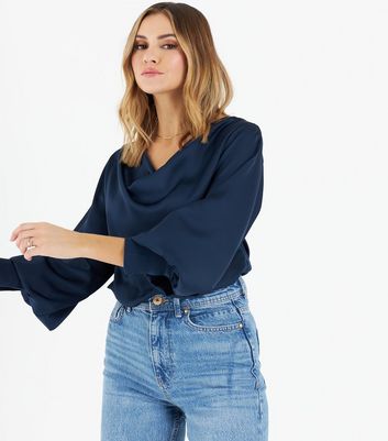 Zibi London Navy Satin Cowl Neck Blouse New Look