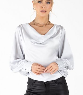 Silver Satin Cowl Neck Blouse 