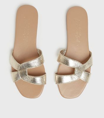 Gold Metallic Cross Strap Sliders | New Look