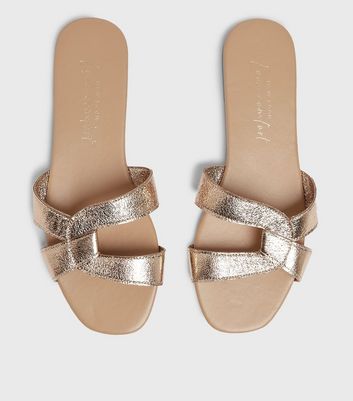 Rose Gold Metallic Cross Strap Sliders | New Look