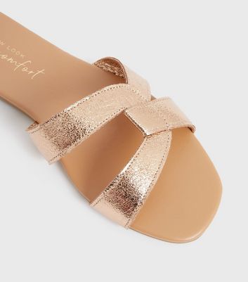Rose Gold Metallic Cross Strap Sliders | New Look