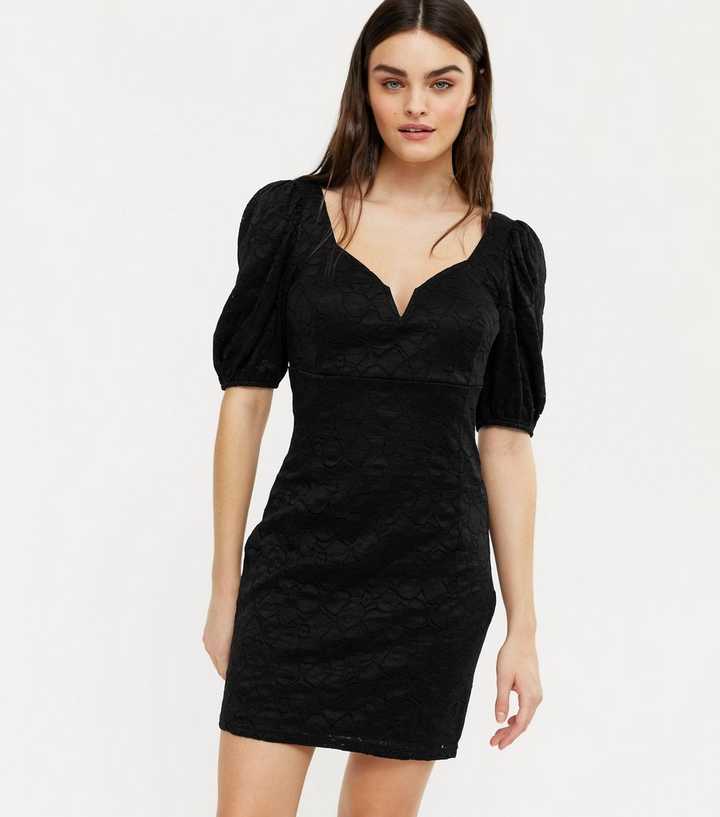 Black Lace Notch Neck Puff Sleeve Mini Dress, Urban Bliss