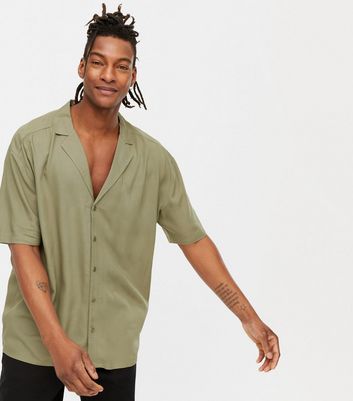 Olive Deep V Neck Short Sleeve Shirt | New Look