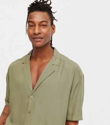 Olive Deep V Neck Short Sleeve Shirt | New Look