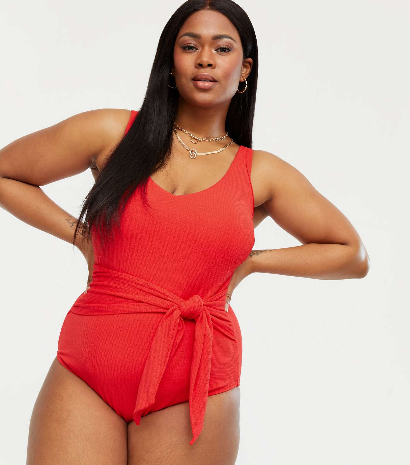 Curves Red Tie Front Scoop Neck Swimsuit Image 2
