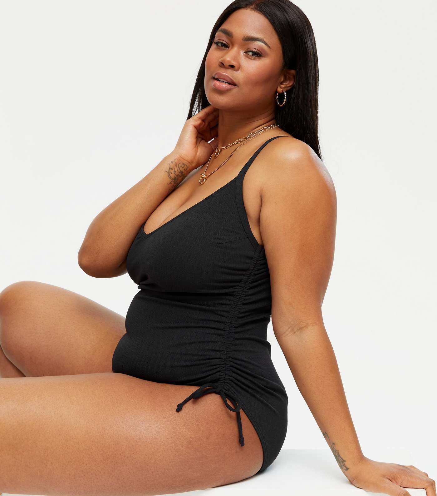 Curves Black Ruched Tie Side Swimsuit Image 2