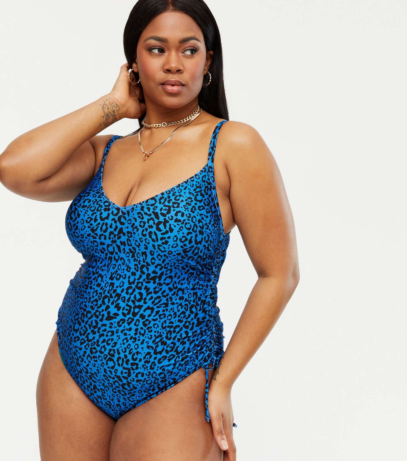 Curves Blue Leopard Print Ruched Tie Side Swimsuit
