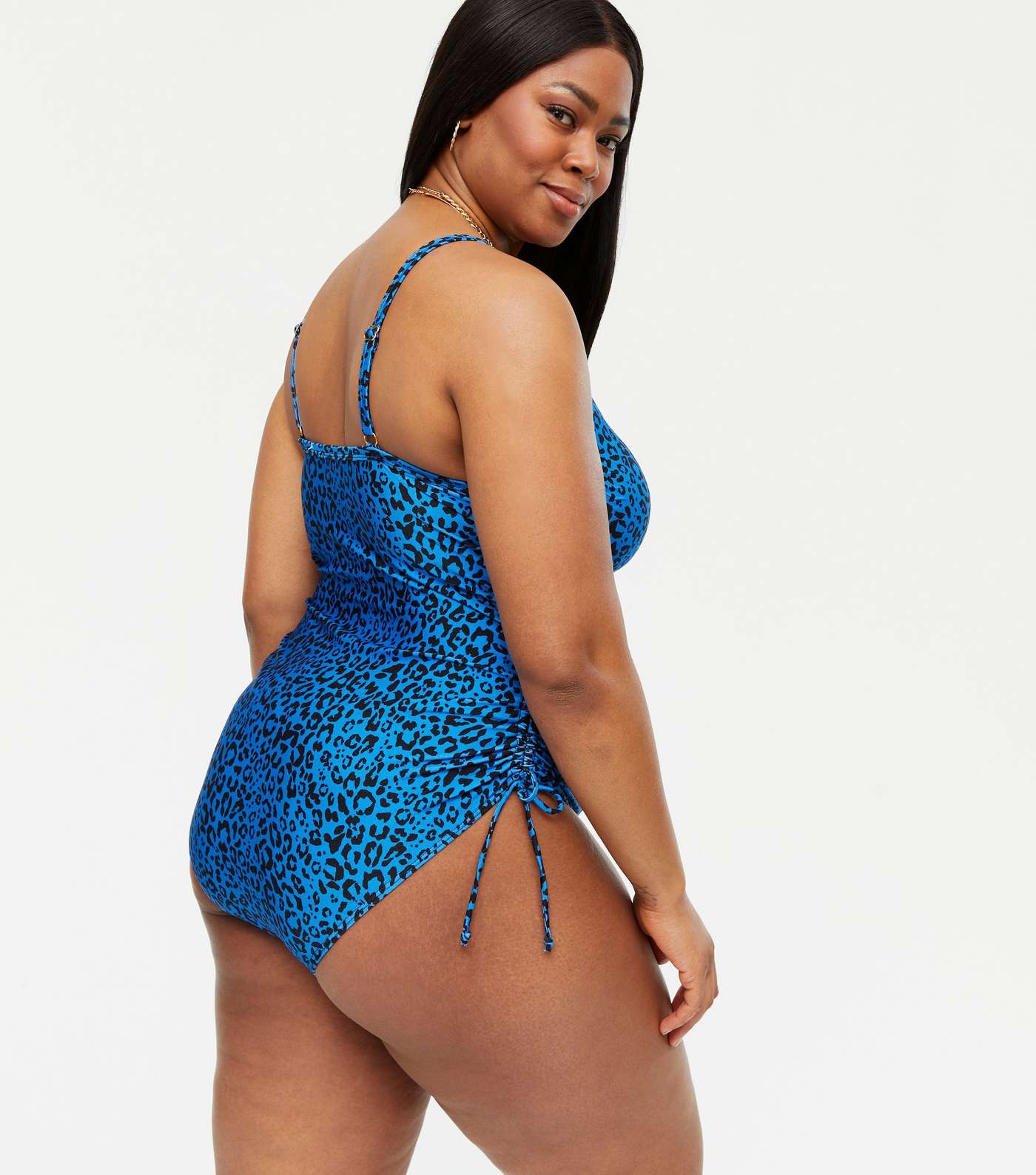 Curves Blue Leopard Print Ruched Tie Side Swimsuit Image 3