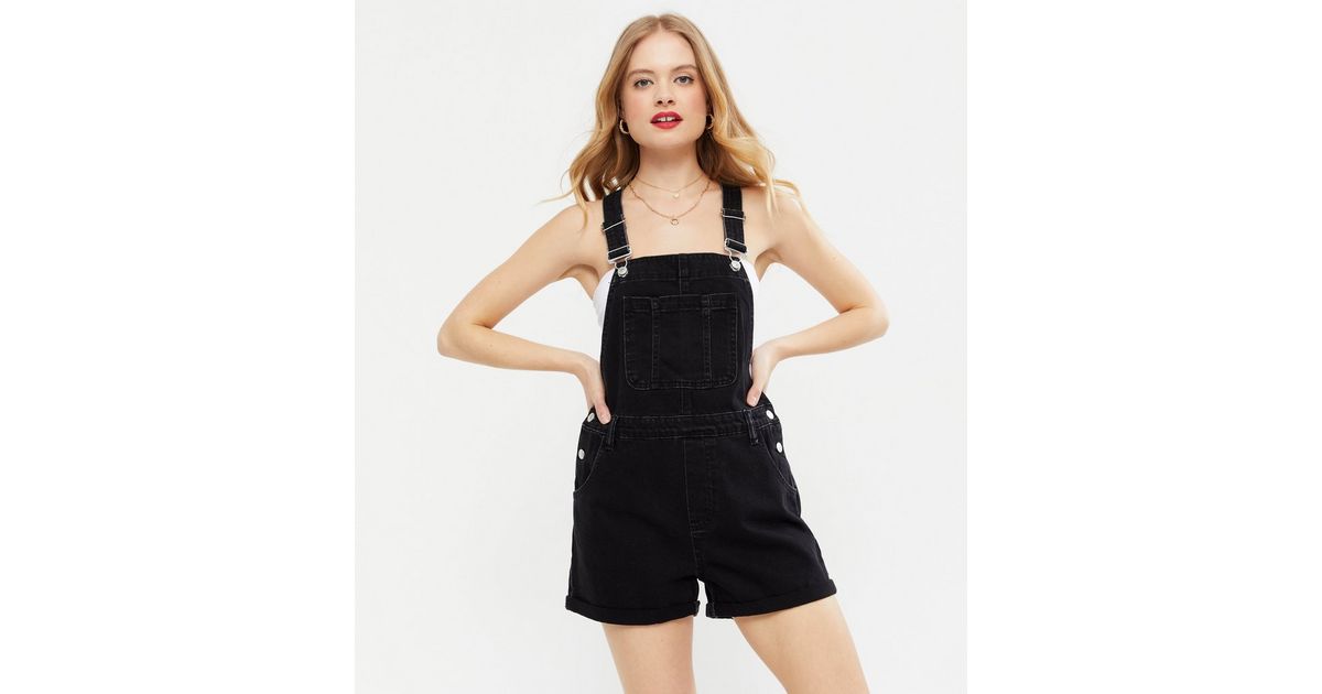 Black Denim Short Dungarees New Look
