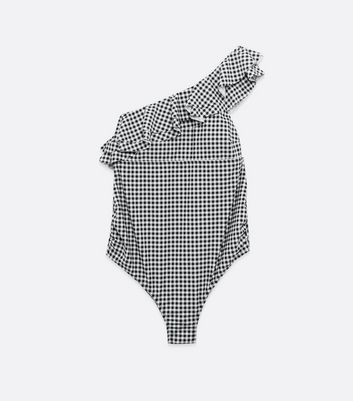 Maternity Black Check Ruffle One Shoulder Swimsuit New Look