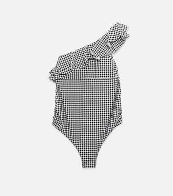 Maternity Black Check Ruffle One Shoulder Swimsuit
